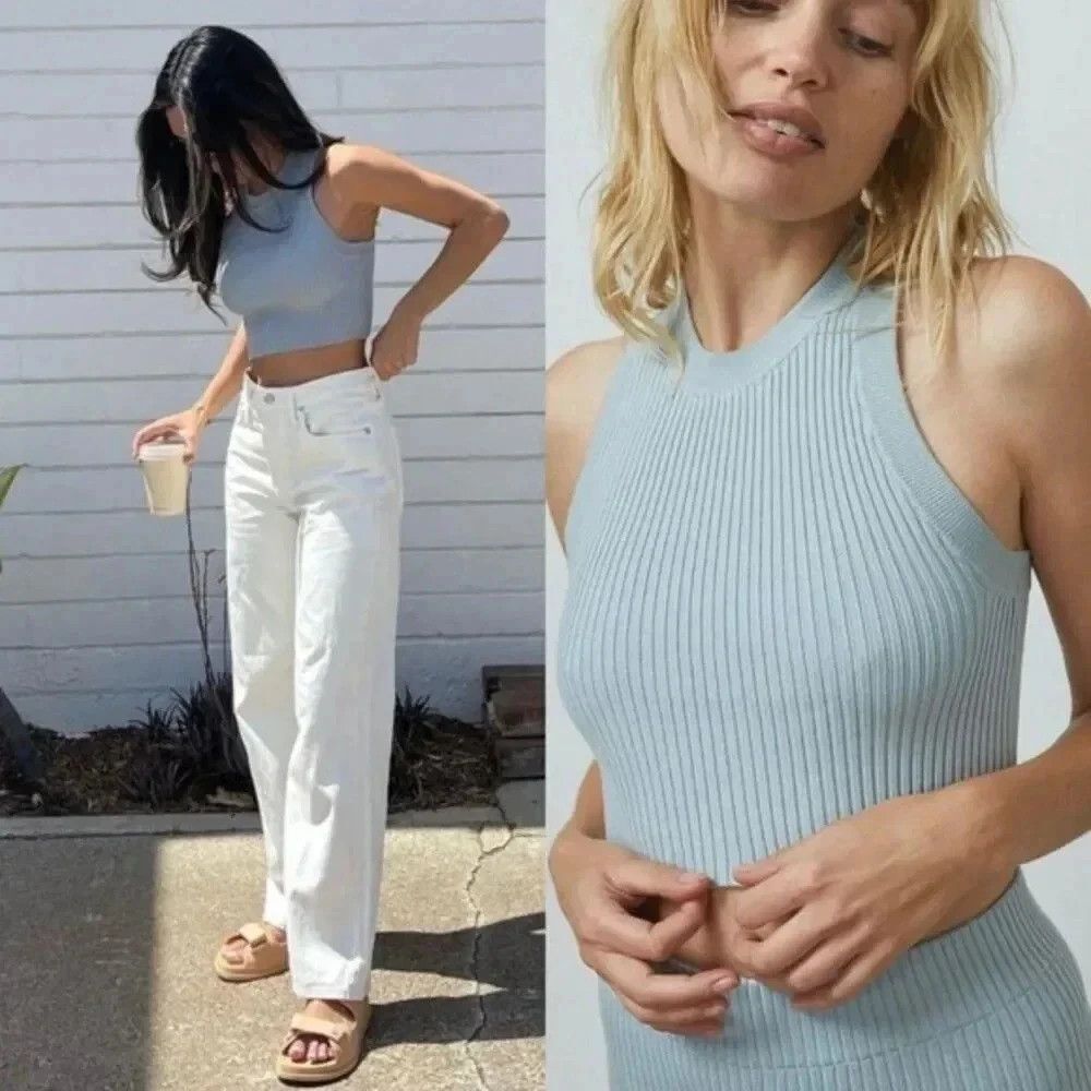 Lunya Light Blue Ribbed Crop Top